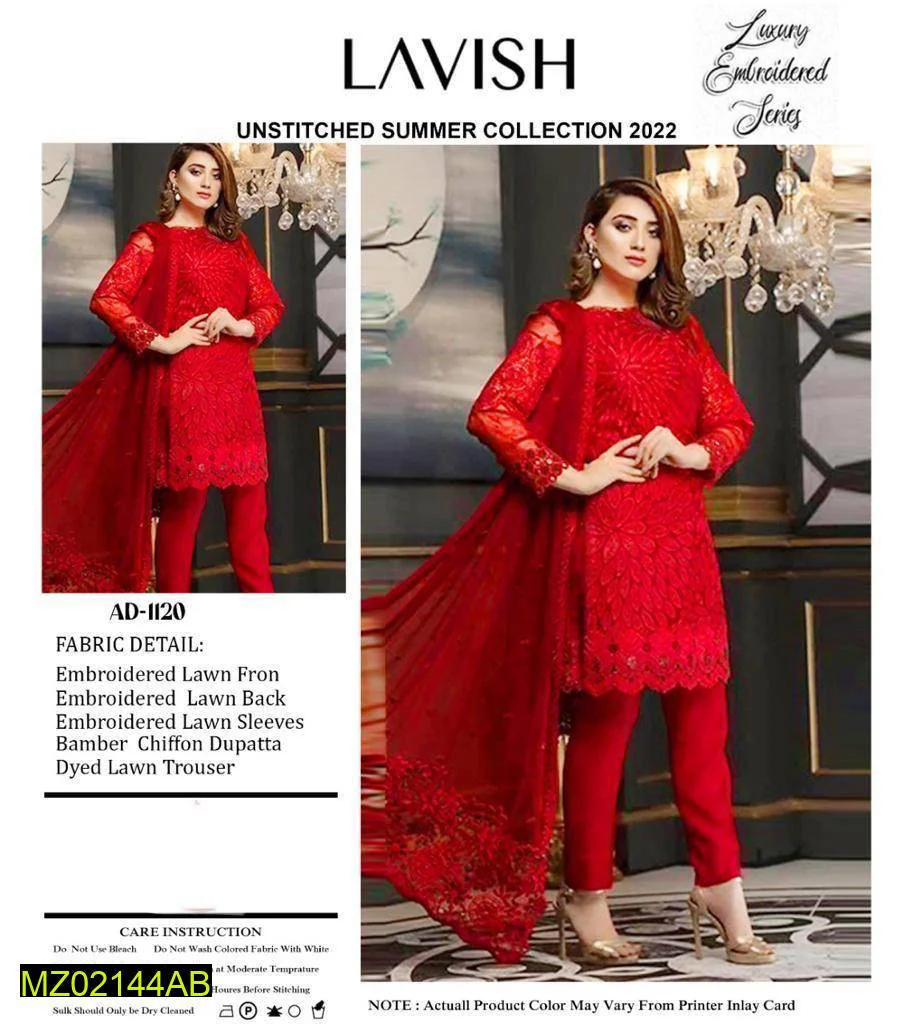 Red 3 Pc Lawn Heavy Embroidered Suit Chiffon Dupatta