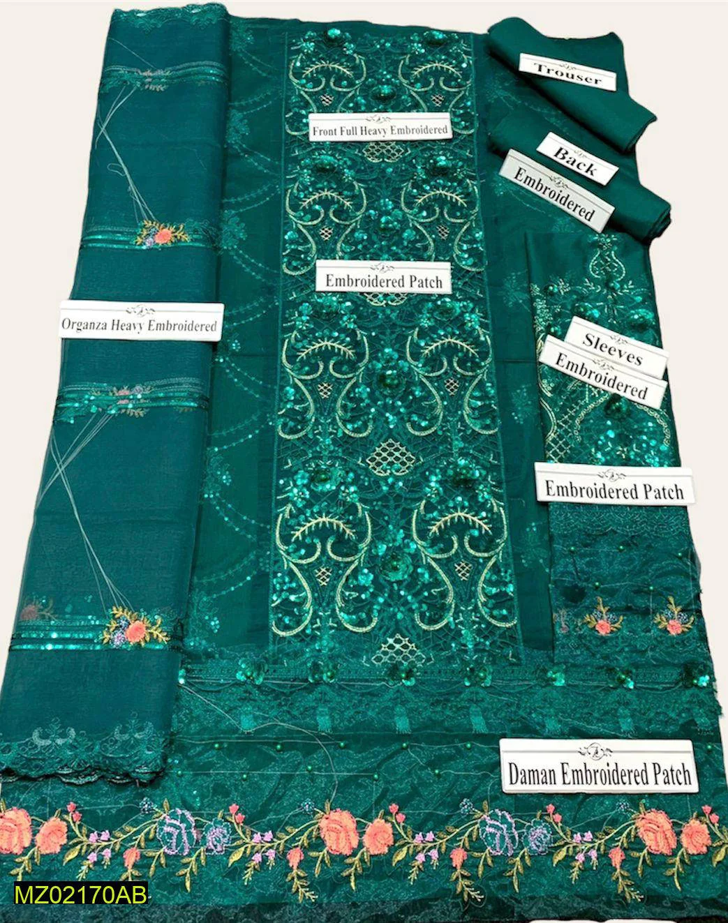 Lawn 3 Pc Suit Heavy Sequence Embroidered Organza Dupatta Green