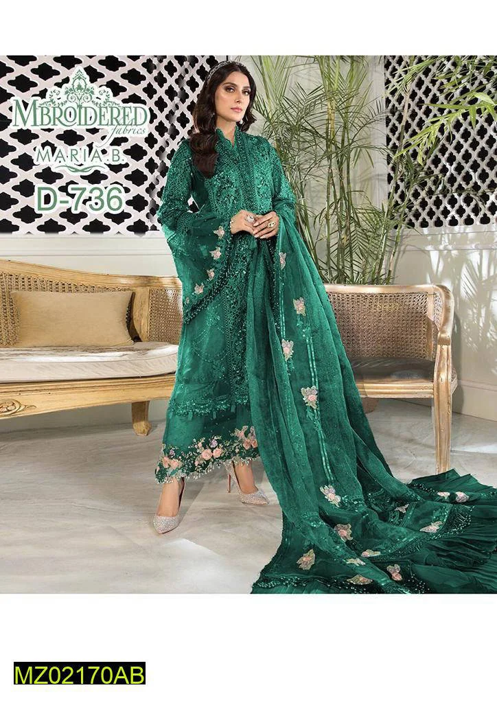 Lawn 3 Pc Suit Heavy Sequence Embroidered Organza Dupatta Green