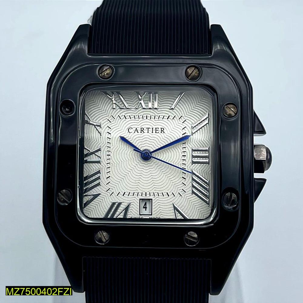 Stainless Steel Watch with Black Strap & Roman Numeral Dial