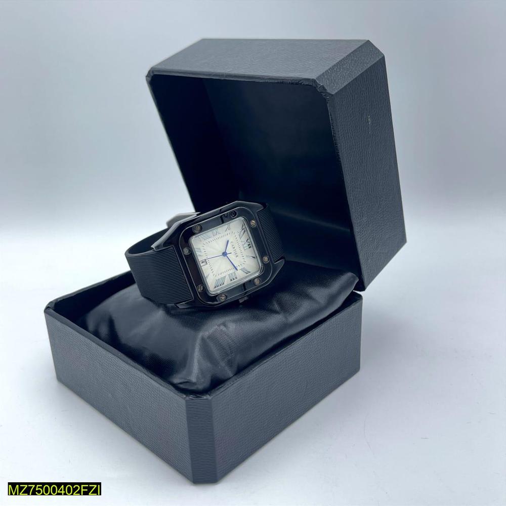 Stainless Steel Watch with Black Strap & Roman Numeral Dial