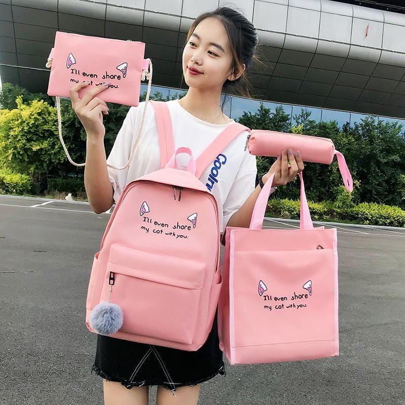Yellow Cat-Ear 4-Piece School Bag Set for Students