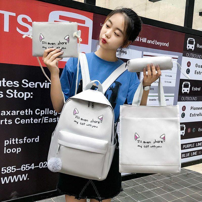 Yellow Cat-Ear 4-Piece School Bag Set for Students