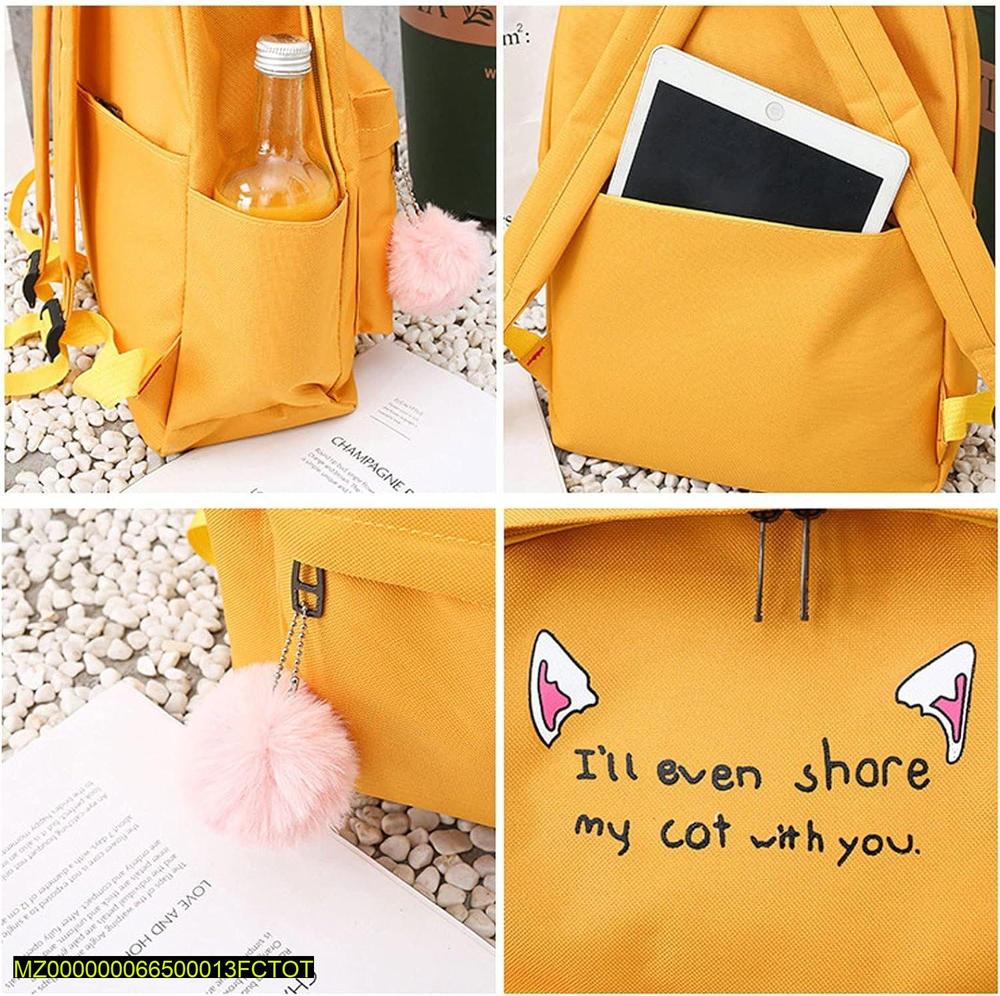 Yellow Cat-Ear 4-Piece School Bag Set for Students