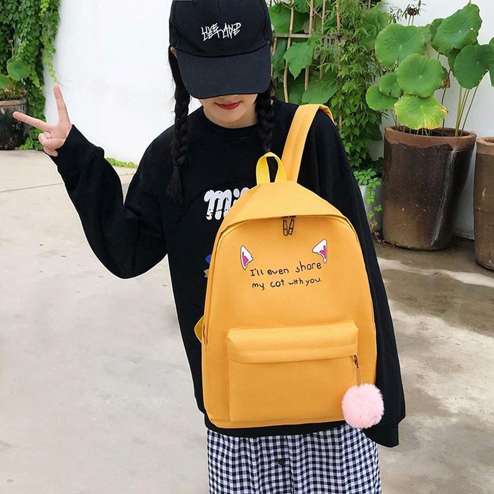 Yellow Cat-Ear 4-Piece School Bag Set for Students
