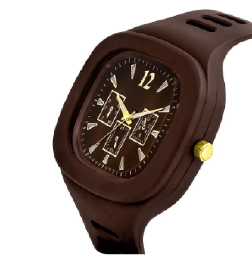 Men's Brown Silicone Analog Watch with Gold Accents