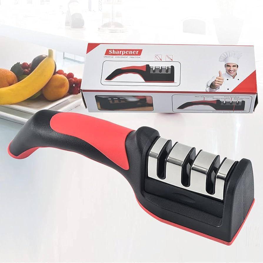 Stainless Steel Knife Sharpener Red Black Grip