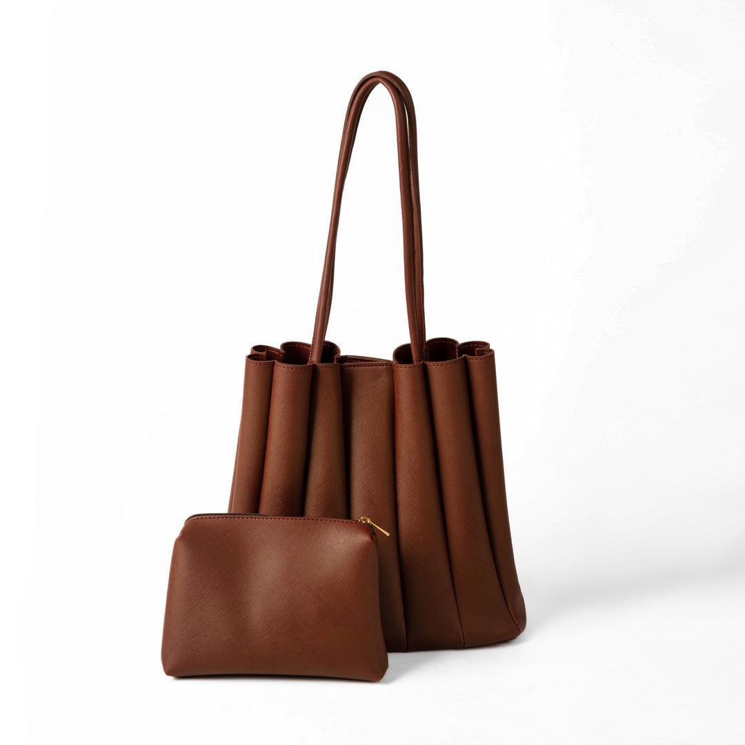 Brown Pleated PU Leather Handbag for Women
