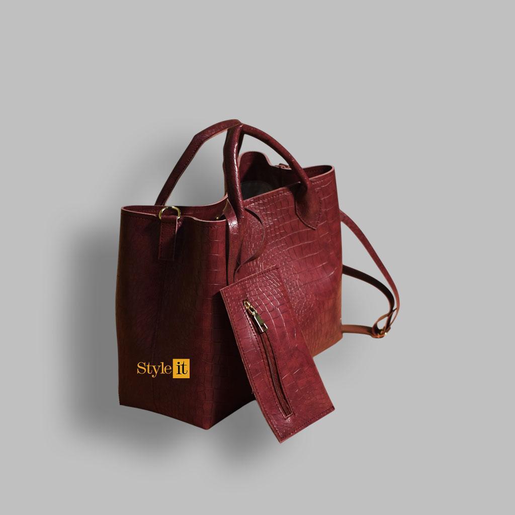 Maroon Croc Embossed Handbag Set with Pouch