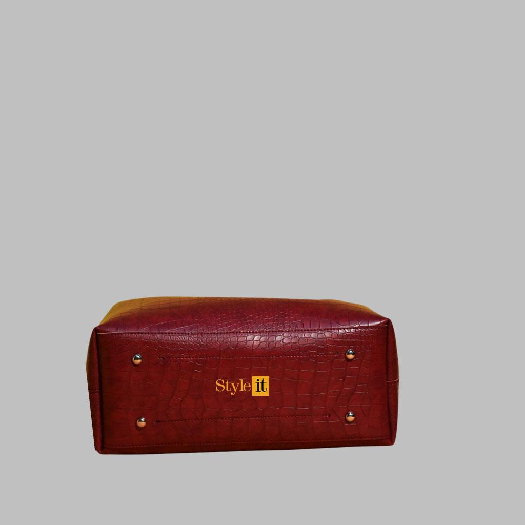 Maroon Croc Embossed Handbag Set with Pouch