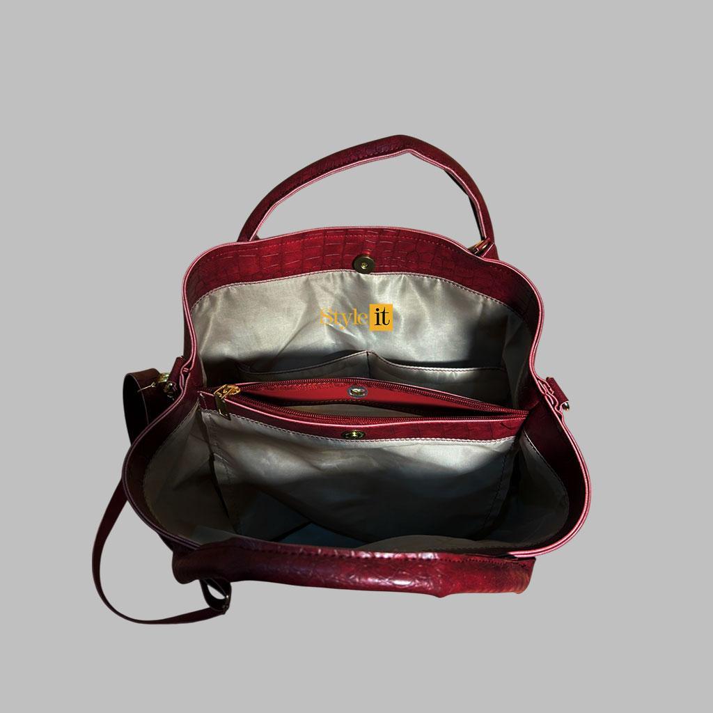 Maroon Croc Embossed Handbag Set with Pouch