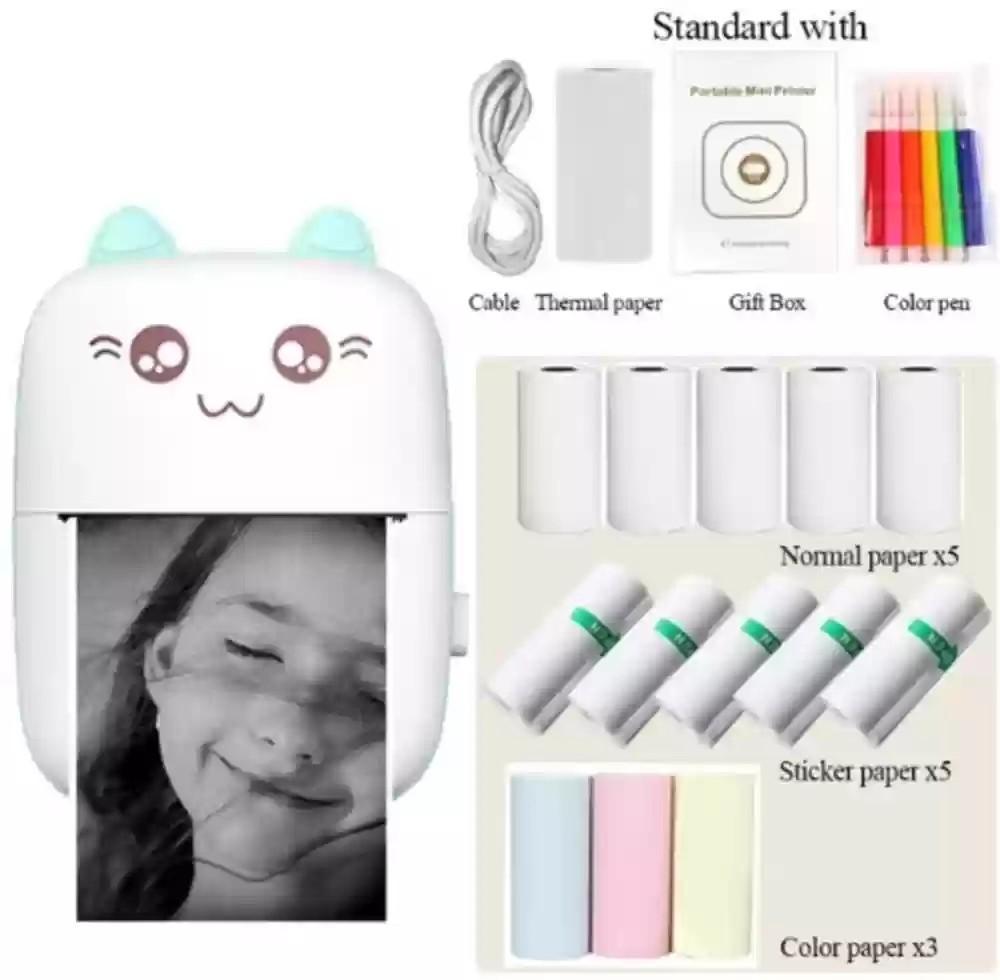 Portable Mini Printer with Cat Design, Inkless Thermal, Bluetooth