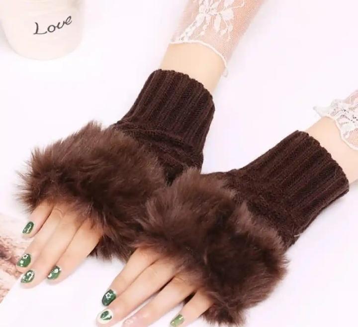 Women Wool Fingerless Gloves Brown Winter Warm Pakistan