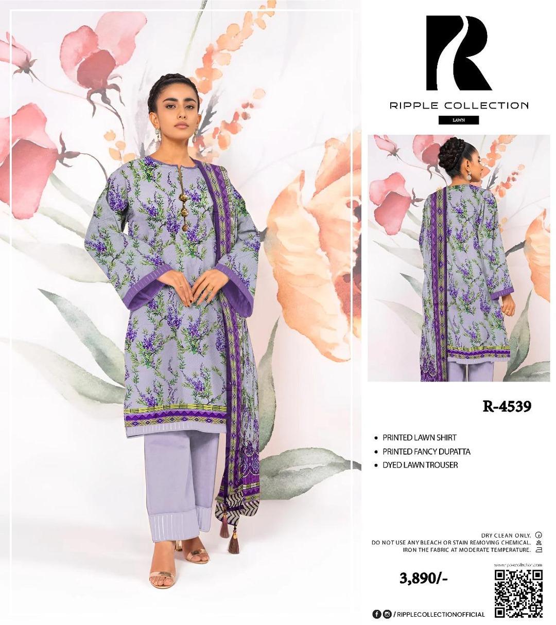 Printed Lawn 3-Piece Suit Grey Purple Floral