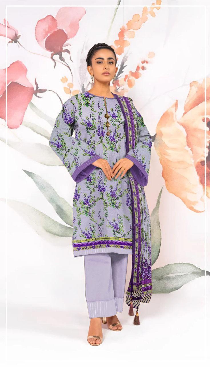 Printed Lawn 3-Piece Suit Grey Purple Floral