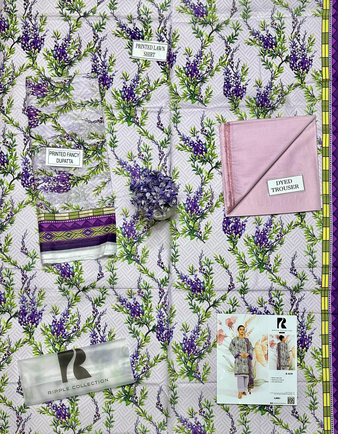 Printed Lawn 3-Piece Suit Grey Purple Floral