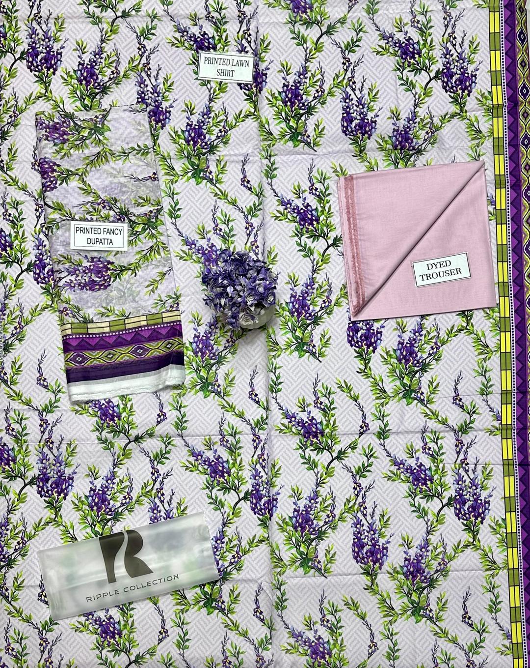 Printed Lawn 3-Piece Suit Grey Purple Floral