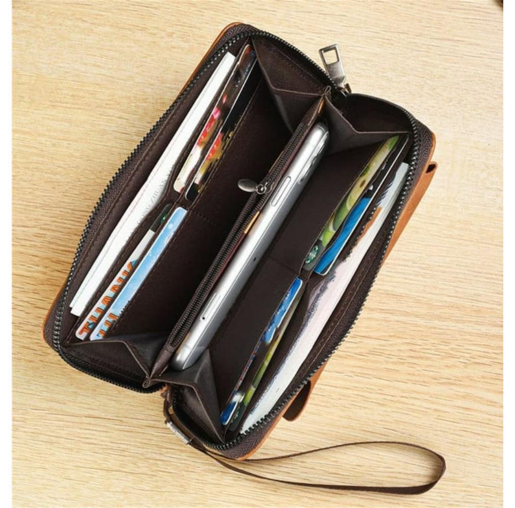 Jeep Leather Wallet Slim Zipper Wrist Strap Brown Black