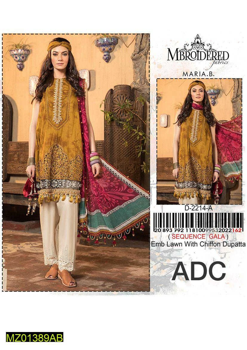 Maria B Inspired 3 Pc Lawn Suit Printed Embroidered Chiffon Dupatta