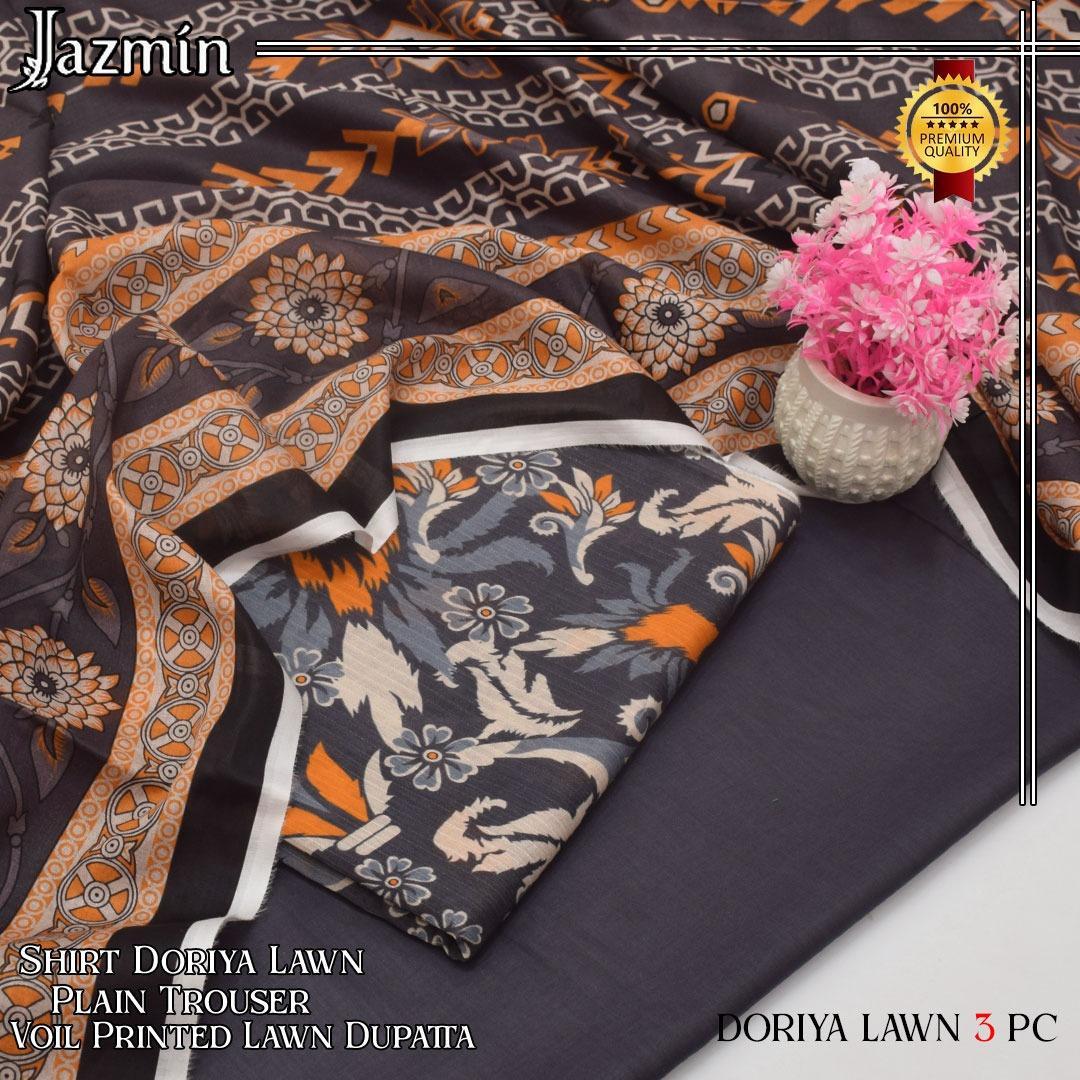 3-Piece Digital Print Lawn Suit Grey for Bakra Eid