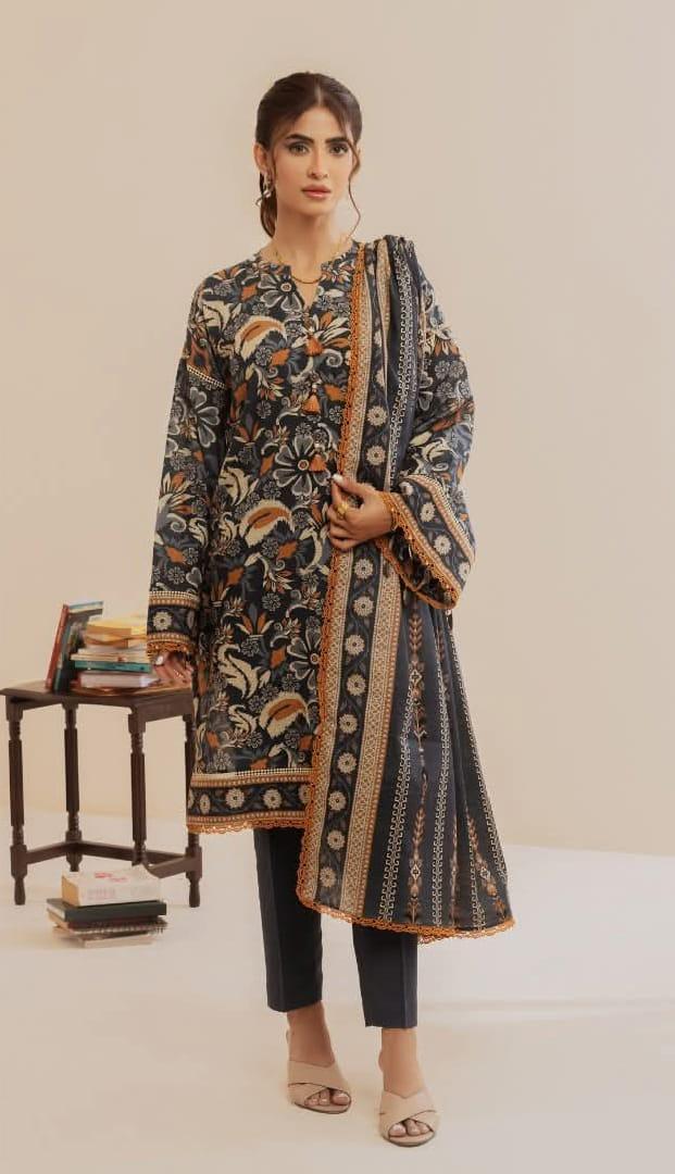 3-Piece Digital Print Lawn Suit Grey for Bakra Eid