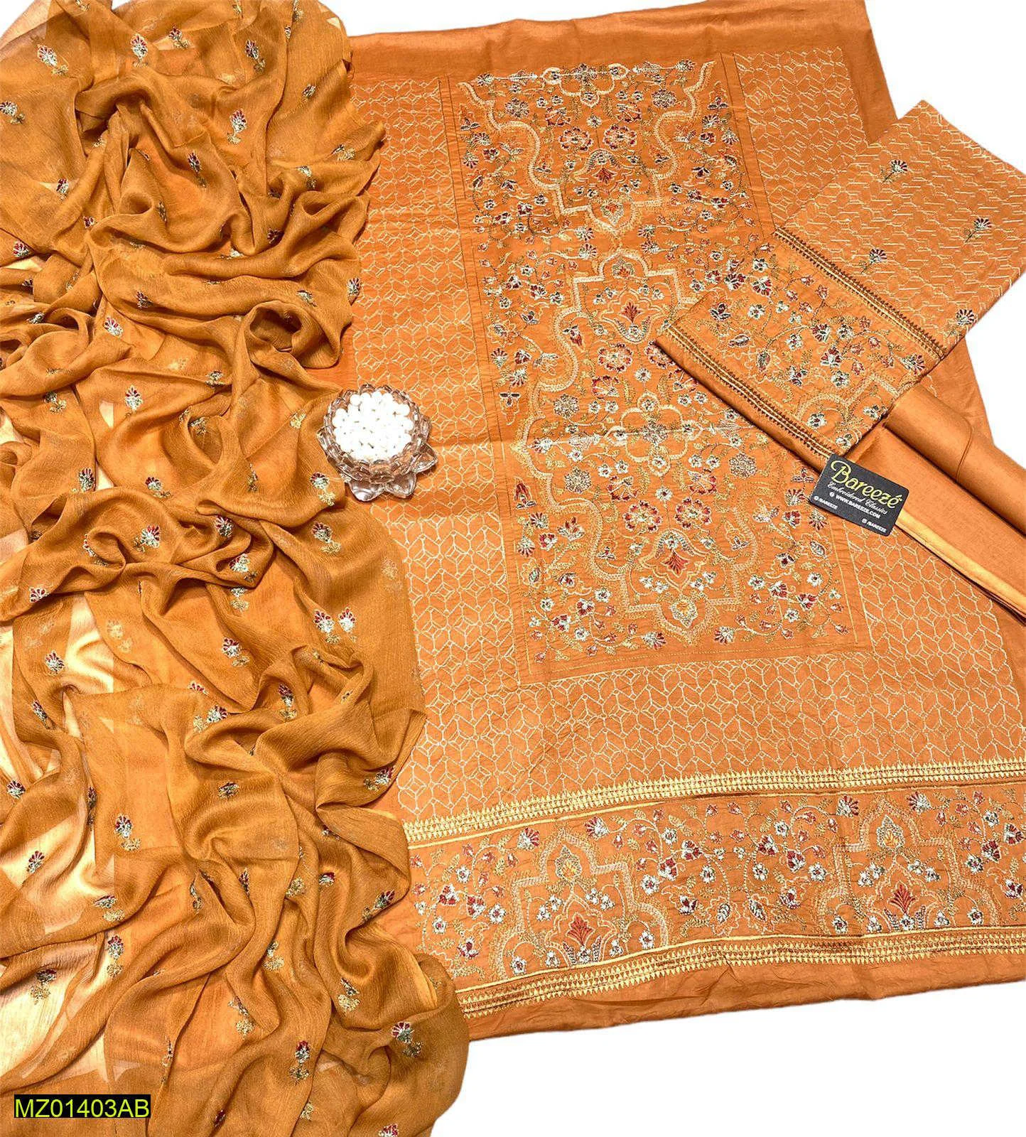 Orange 3 Pc Lawn Suit Heavy Embroidered Bamber Chiffon Dupatta Bareeze Inspired
