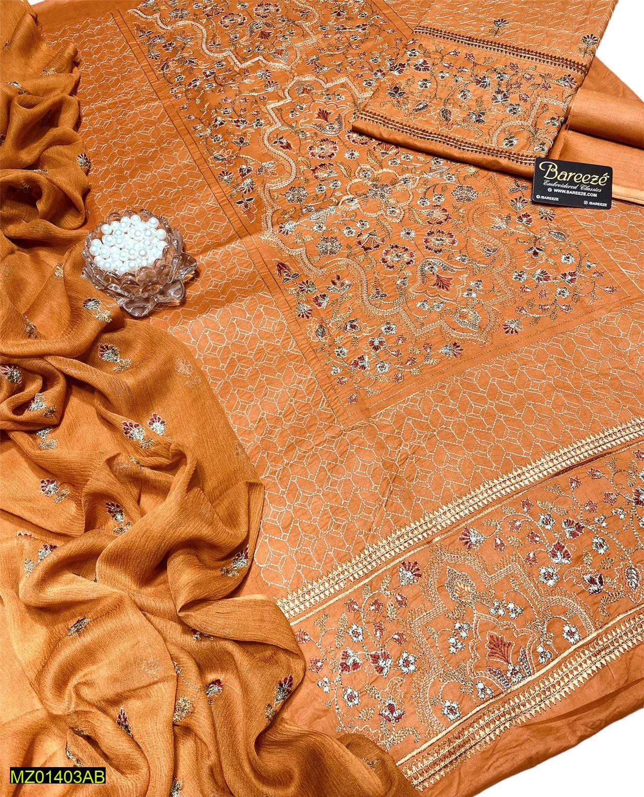 Orange 3 Pc Lawn Suit Heavy Embroidered Bamber Chiffon Dupatta Bareeze Inspired