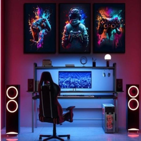 3Pcs Gaming Wall Art Abstract Multicolor Wood Frames