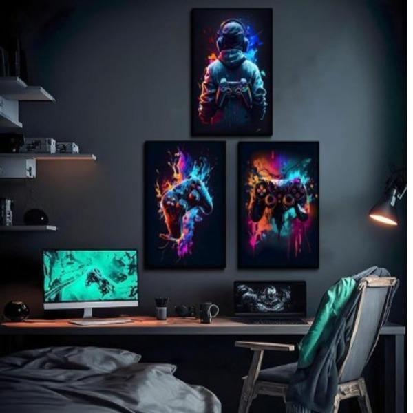 3Pcs Gaming Wall Art Abstract Multicolor Wood Frames