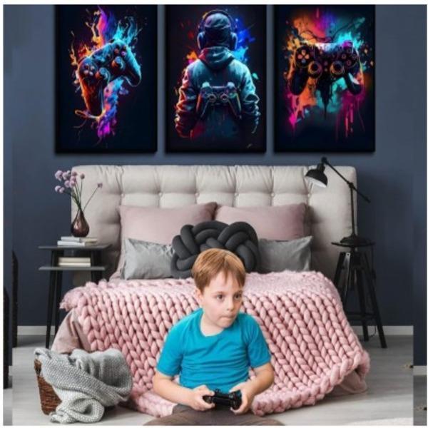 3Pcs Gaming Wall Art Abstract Multicolor Wood Frames