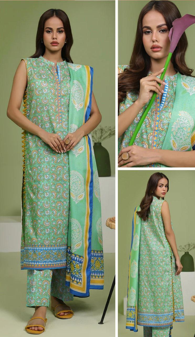 Green Printed Lawn Suit 3-Piece Unstitched Pakistan
