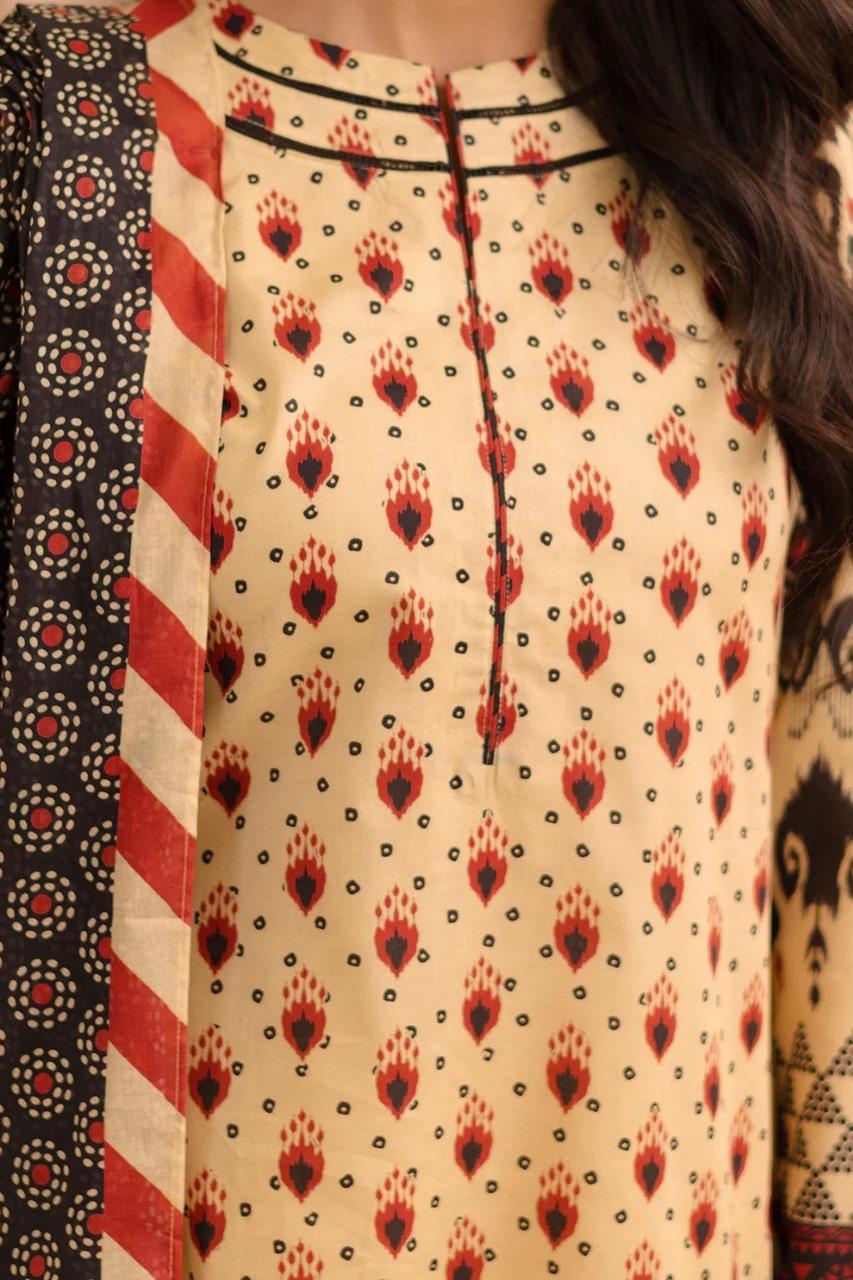 3-Piece Printed Lawn Suit Off-White Red Black