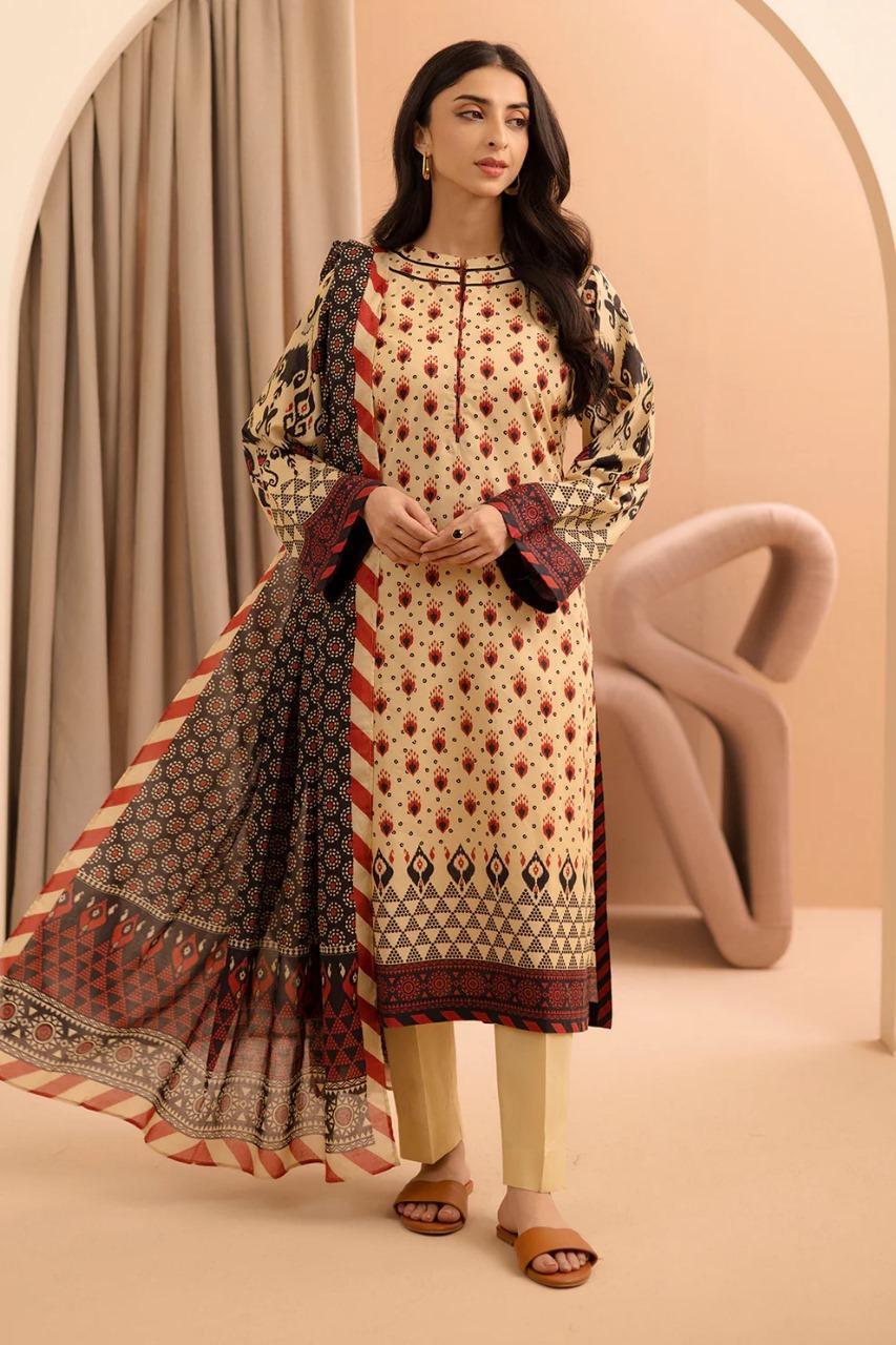 3-Piece Printed Lawn Suit Off-White Red Black
