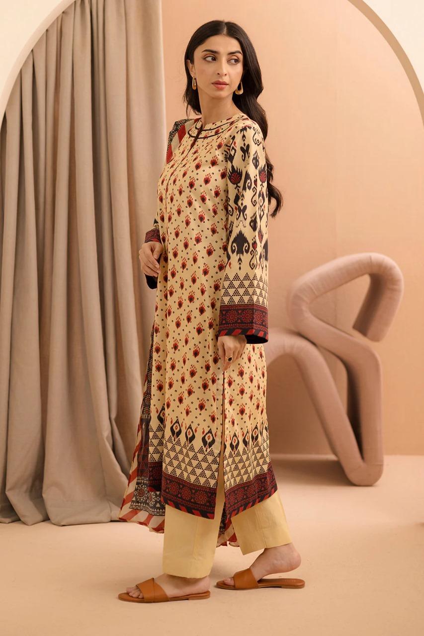 3-Piece Printed Lawn Suit Off-White Red Black