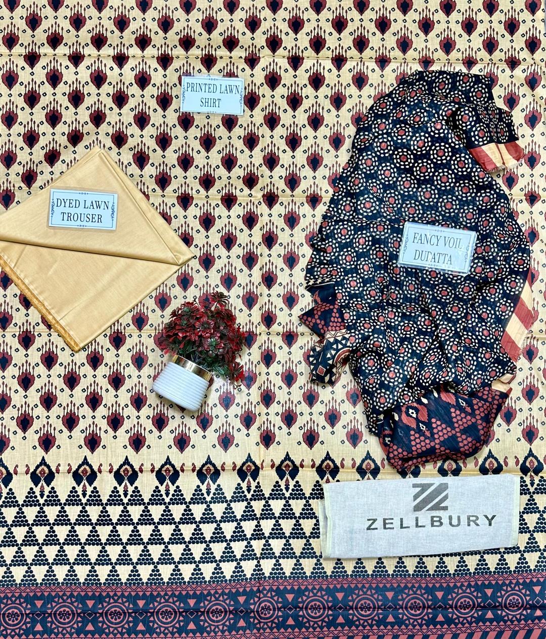 3-Piece Printed Lawn Suit Off-White Red Black