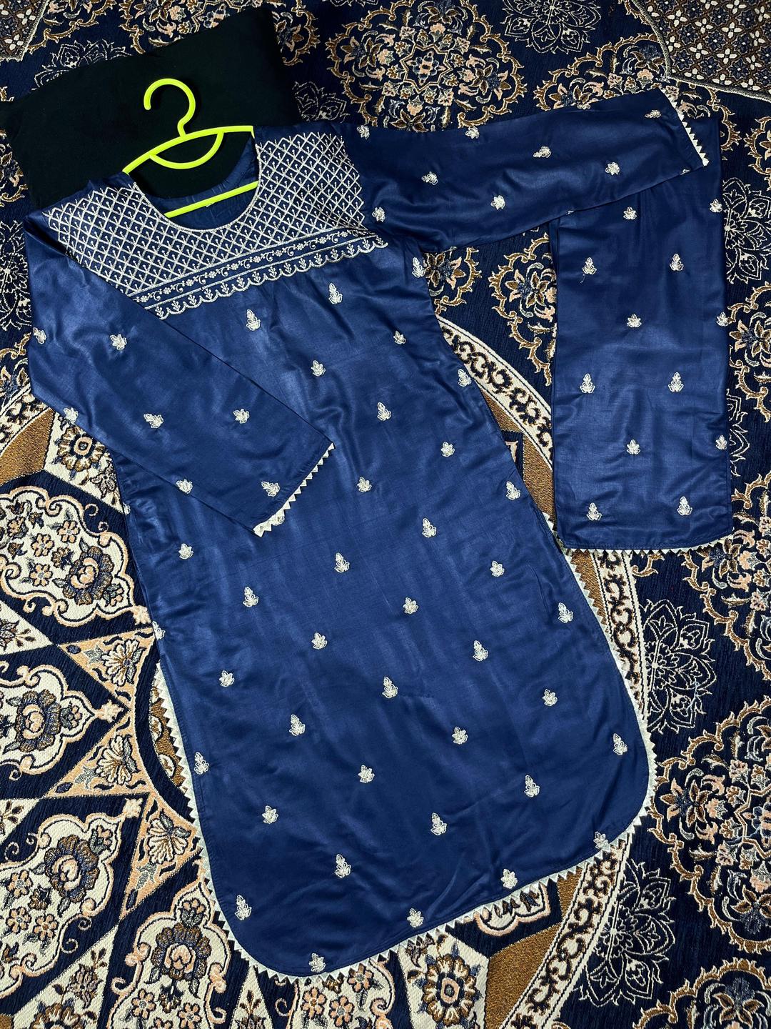 Navy Blue Embroidered 2-Piece Kurta Trouser Set for Girls 7-12