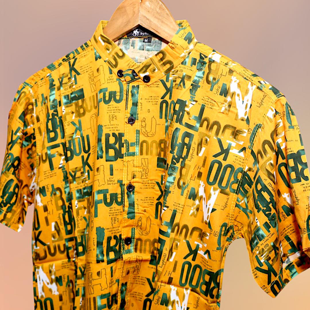 Yellow Dhanak Printed Shirt for Men Medium Large