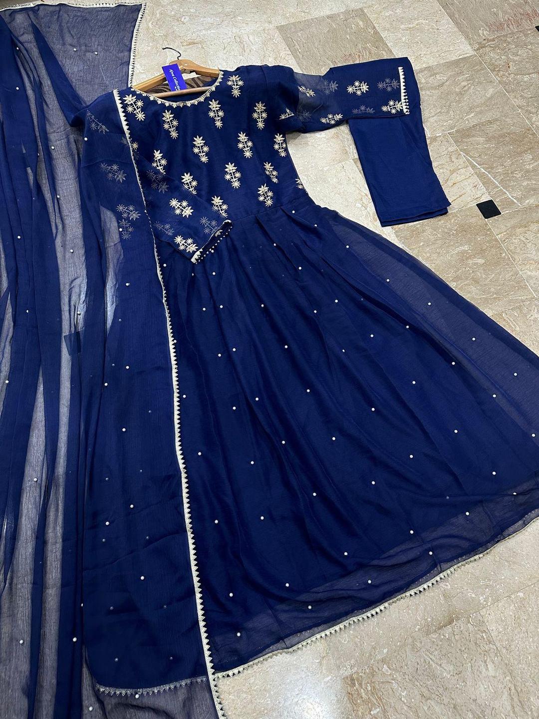 Blue Embroidered Maxi Suit with Pearls Dupatta 3Pcs