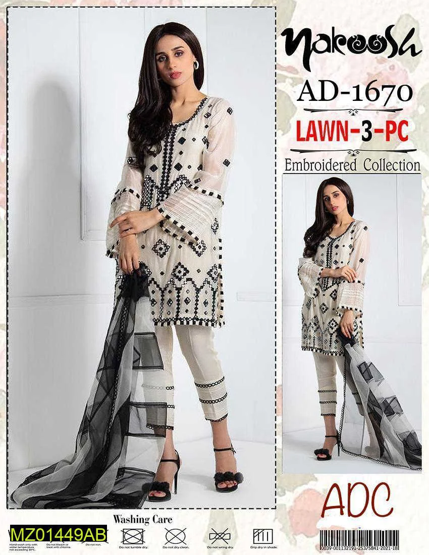 White 3 Pc Lawn Mirror Work Suit Nakoosh Jacquard Dupatta