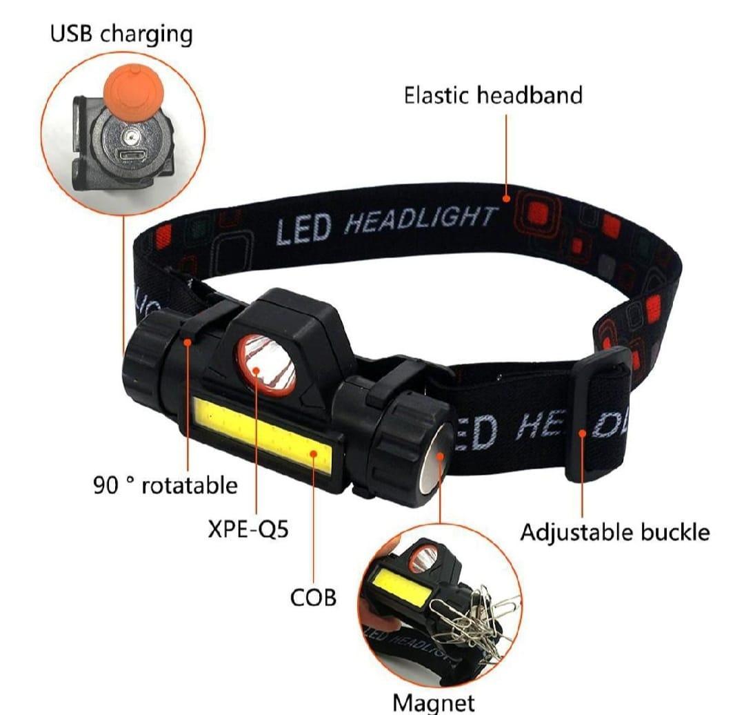 Rechargeable Headlamp Black 90° Rotatable USB