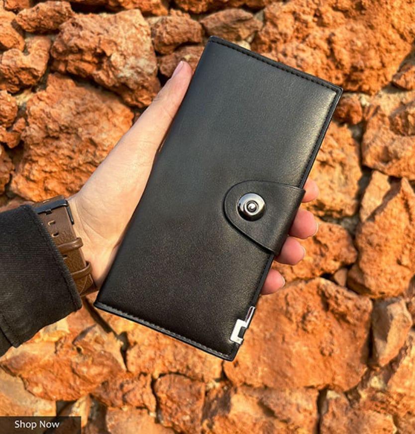 Tri-Fold Leather Wallet Black Brown Unisex 18x9cm