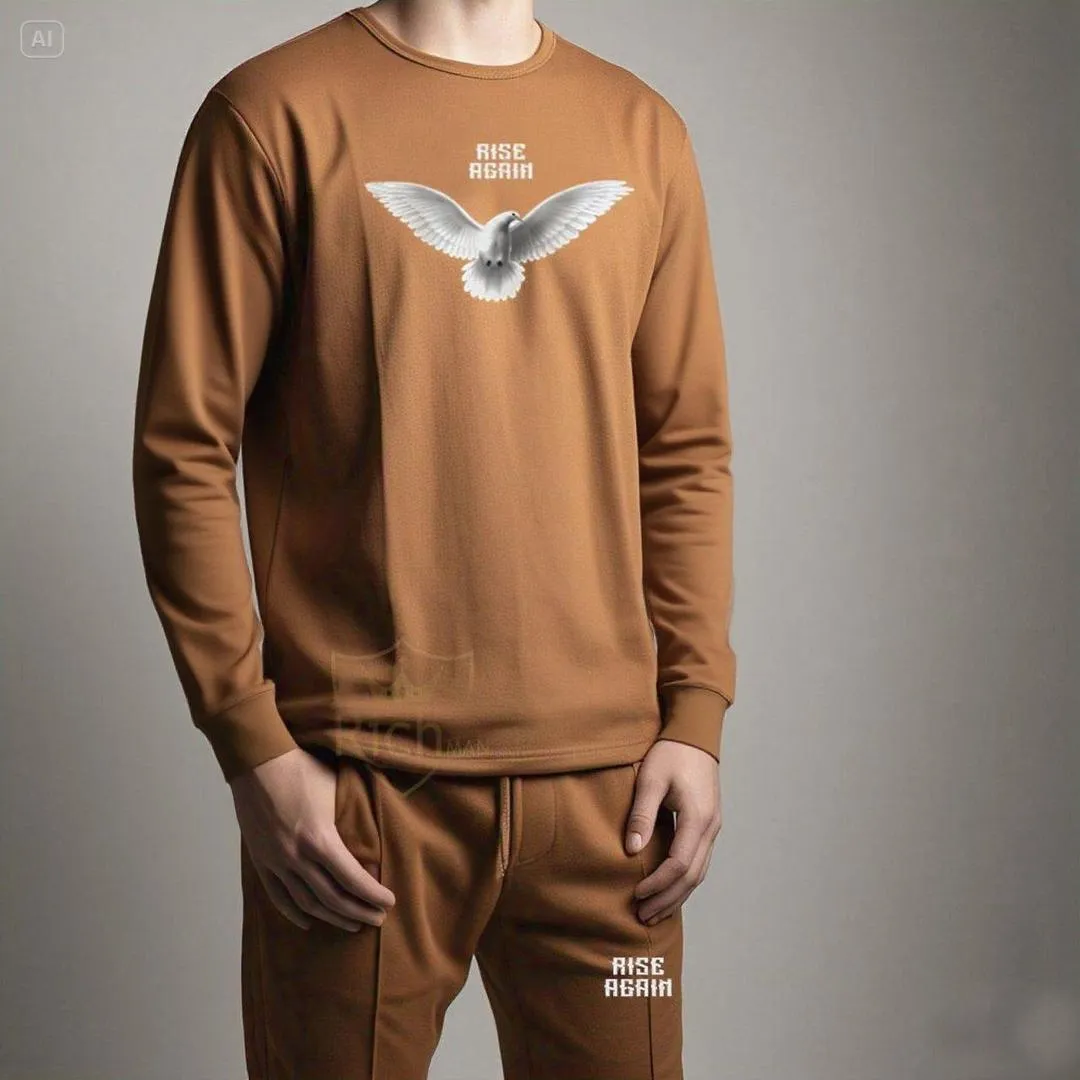 Men Brown Dove Printed Track Suit 2Pcs Micro Fabric