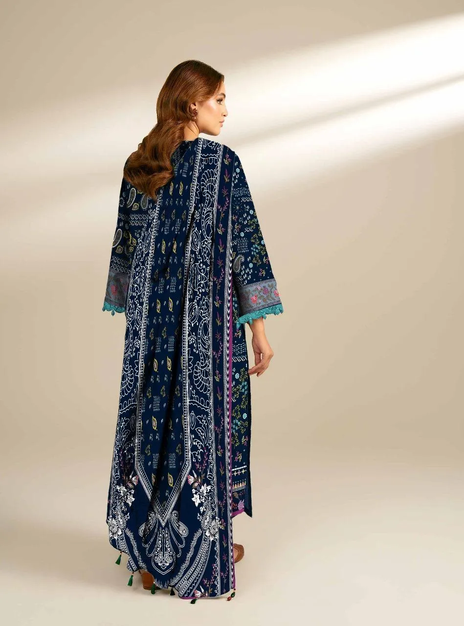 Unstitched Printed Linen 3-Piece Suit Blue