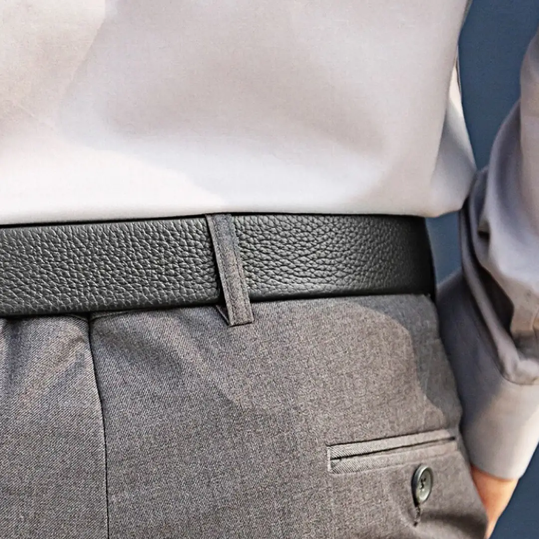 Men Black Leather Headless Belt Automatic Buckle