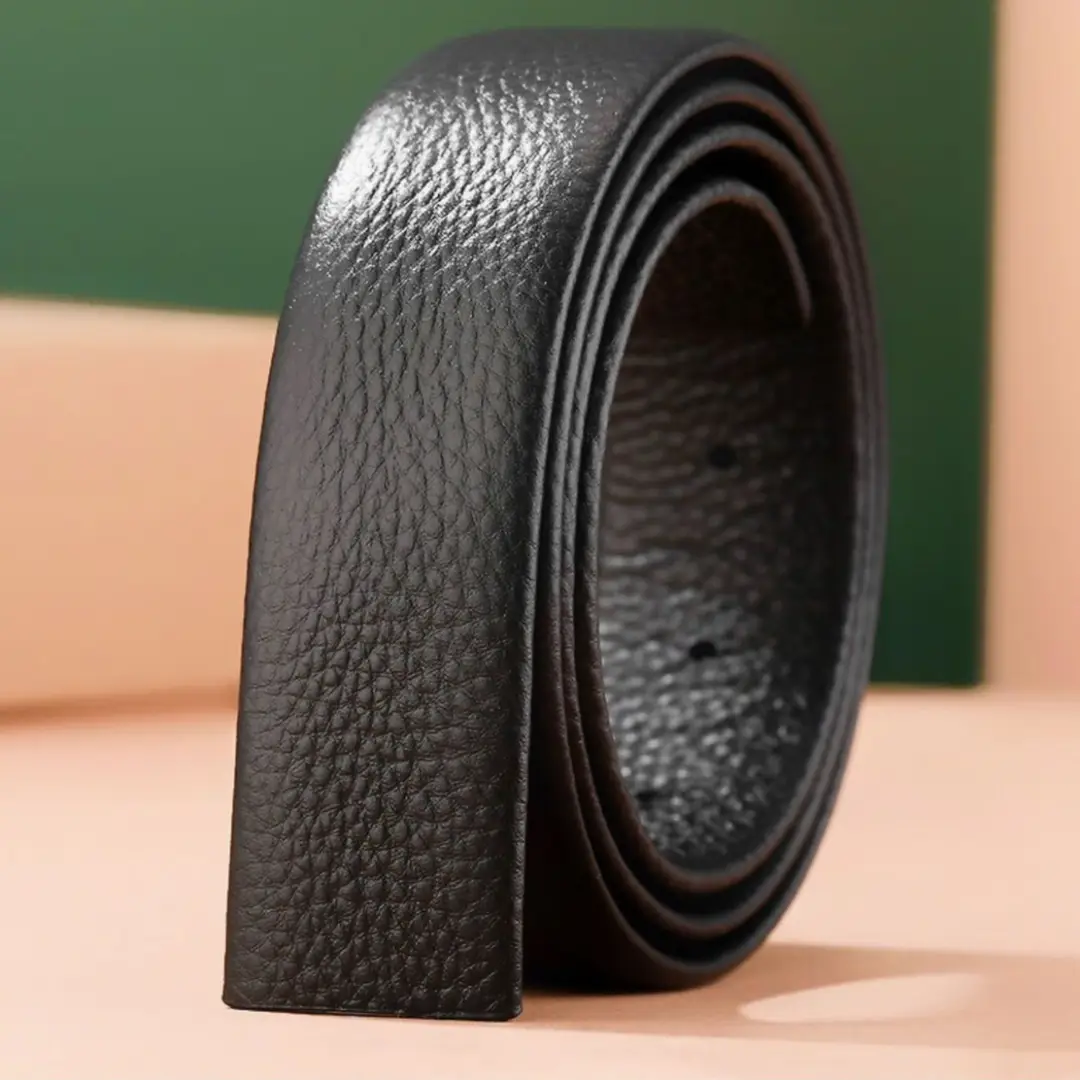 Men Black Leather Headless Belt Automatic Buckle