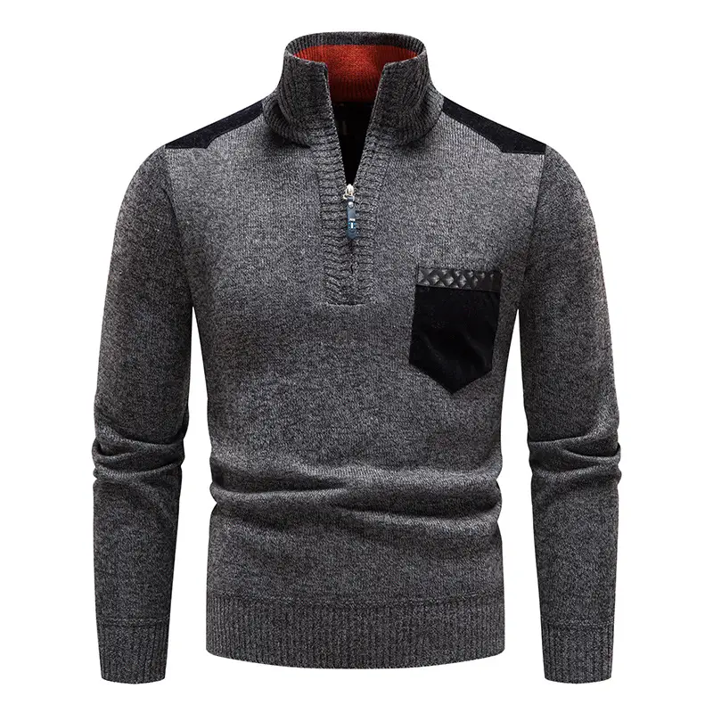 Men Fleece Lined Winter Sweater Solid Color Stitched