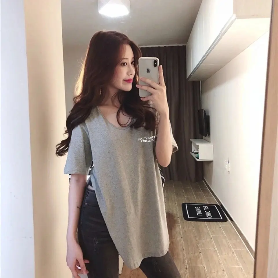 Women Printed Loose T-Shirt Black Plus Size Casual
