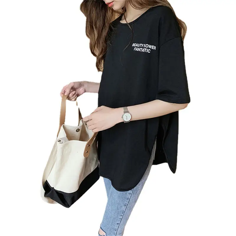Women Printed Loose T-Shirt Black Plus Size Casual