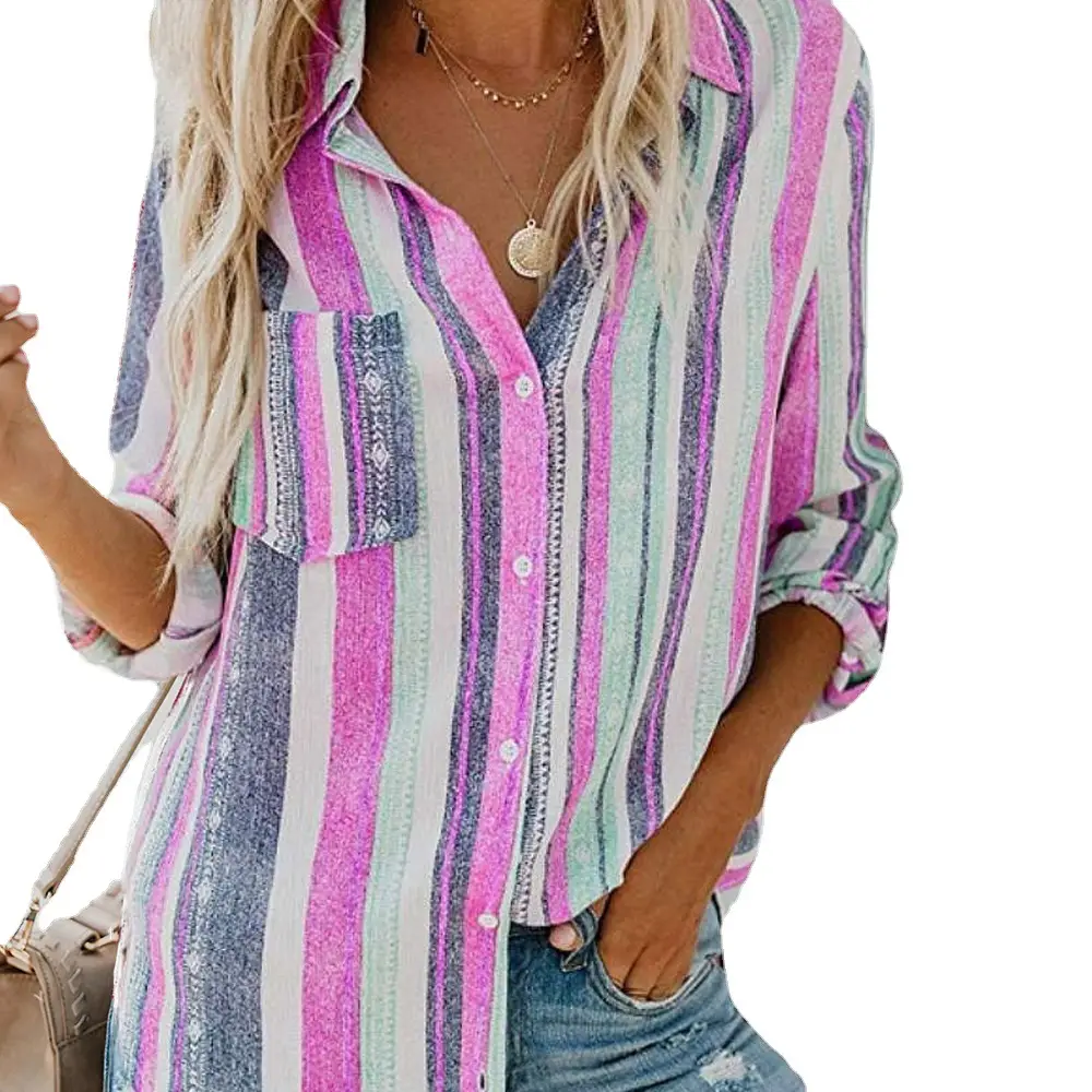 Women Striped Shirt Winter Plus Size Pink Durable