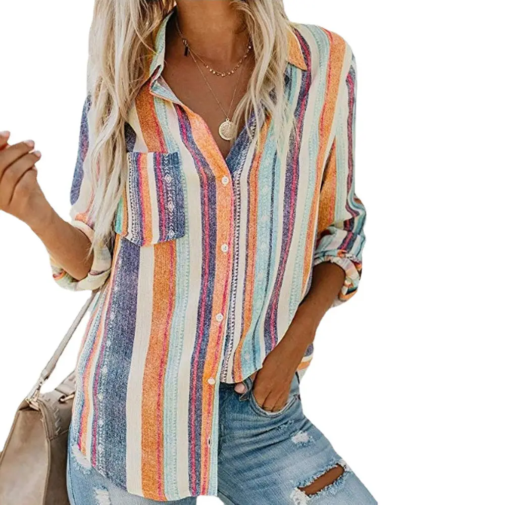 Women Striped Shirt Winter Plus Size Pink Durable